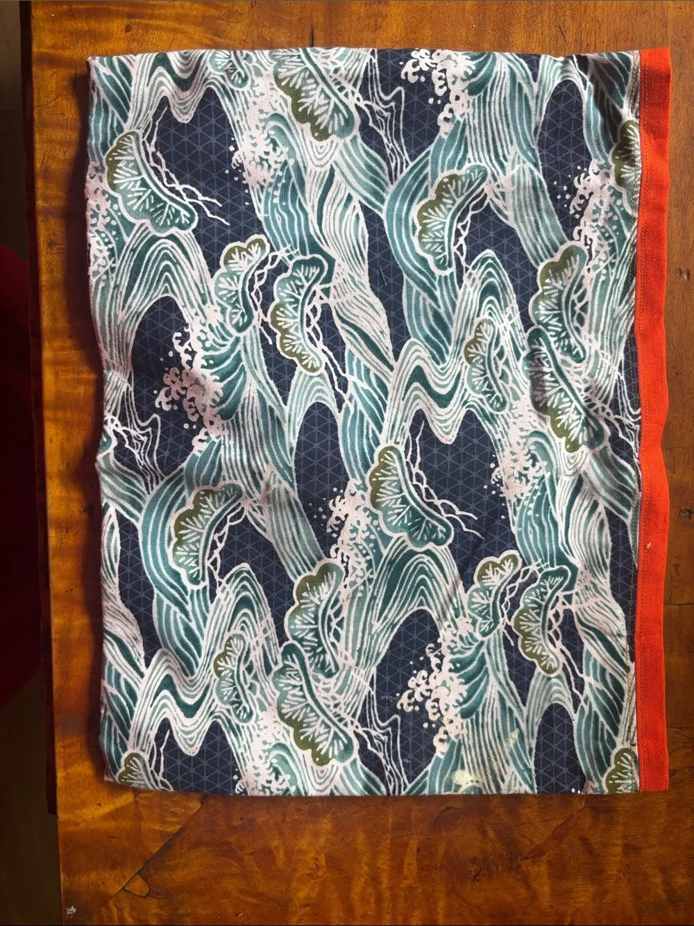 Teal Metallic Dinosaur Appliqué Cloth with Orange & Yellow Sun